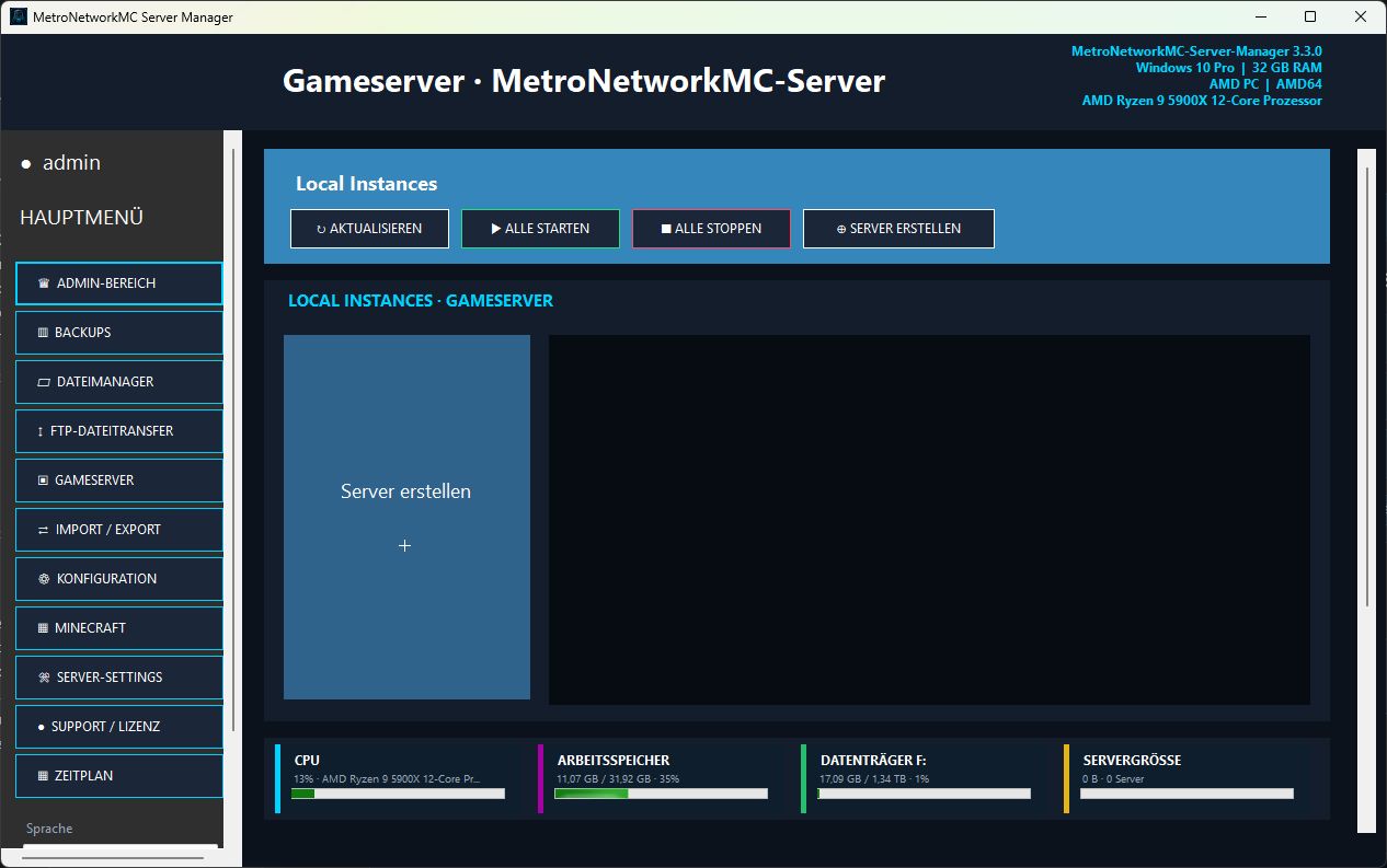 Aktueller Manager-Aufbau mit Local Instances, Serverkarten, Live-Systemwerten, Live-Konsole, Zeitplan und Backups
