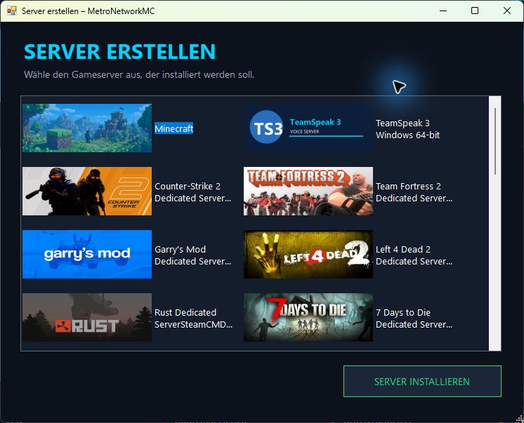 Aktuelle Serverauswahl mit Minecraft, TeamSpeak 3 und SteamCMD-Gameservern